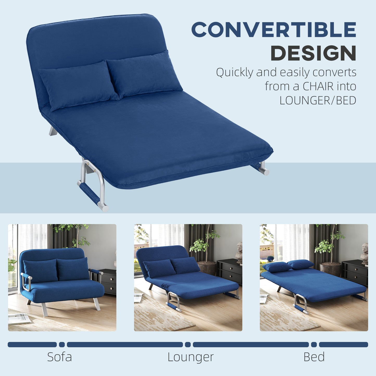 HOMCOM Two Seater Click Clack Sofa Bed Dark Blue With Adjustable Back And Plush Faux Suede Upholstery