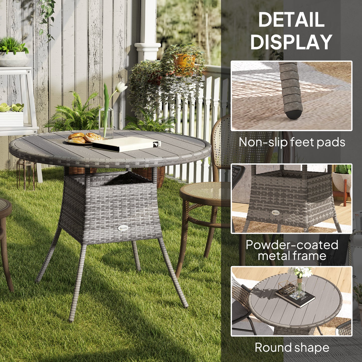 Outsunny 90 cm Wood Effect Rattan Garden Table With Galvanised Steel Frame Grey Outdoor Patio Furniture