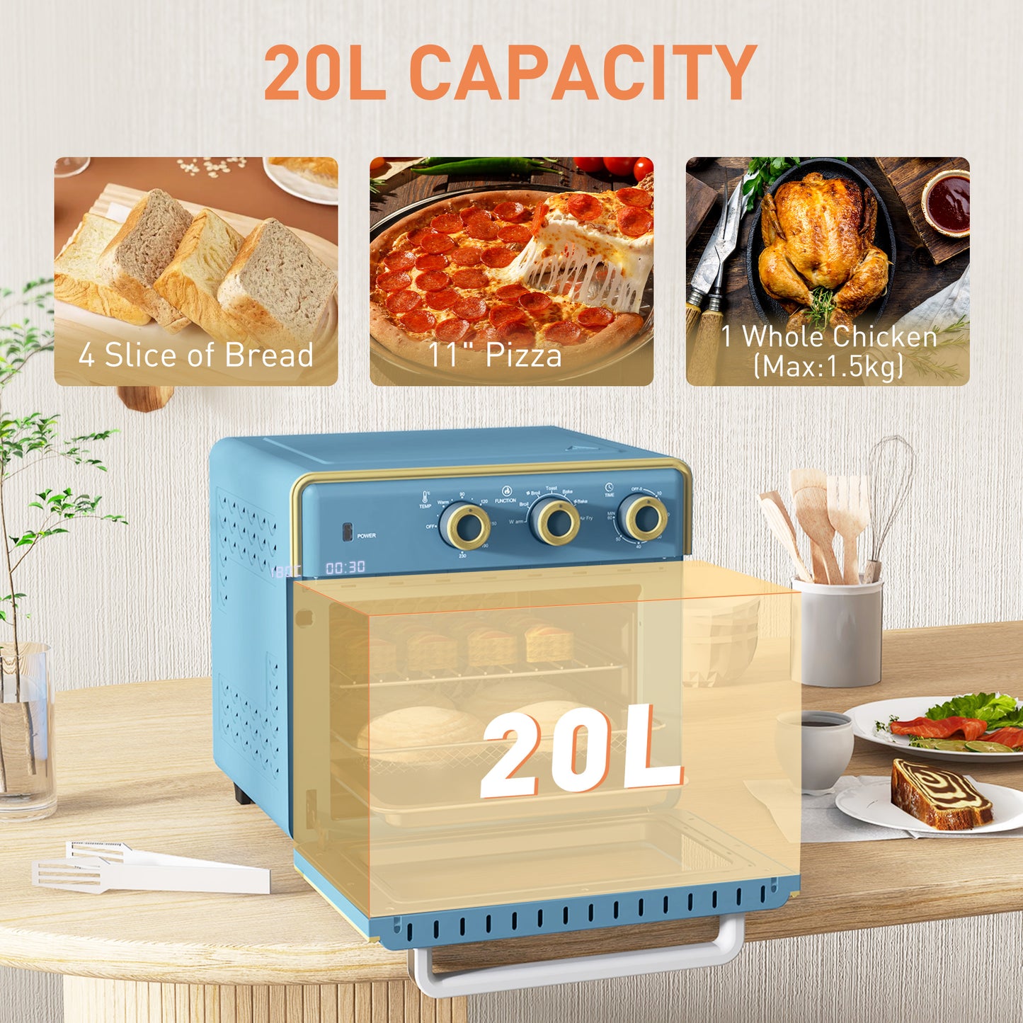 HOMCOM Retro 20L Mini Electric Oven with 7 Functions - Blue - ALL4U RETAILER LTD