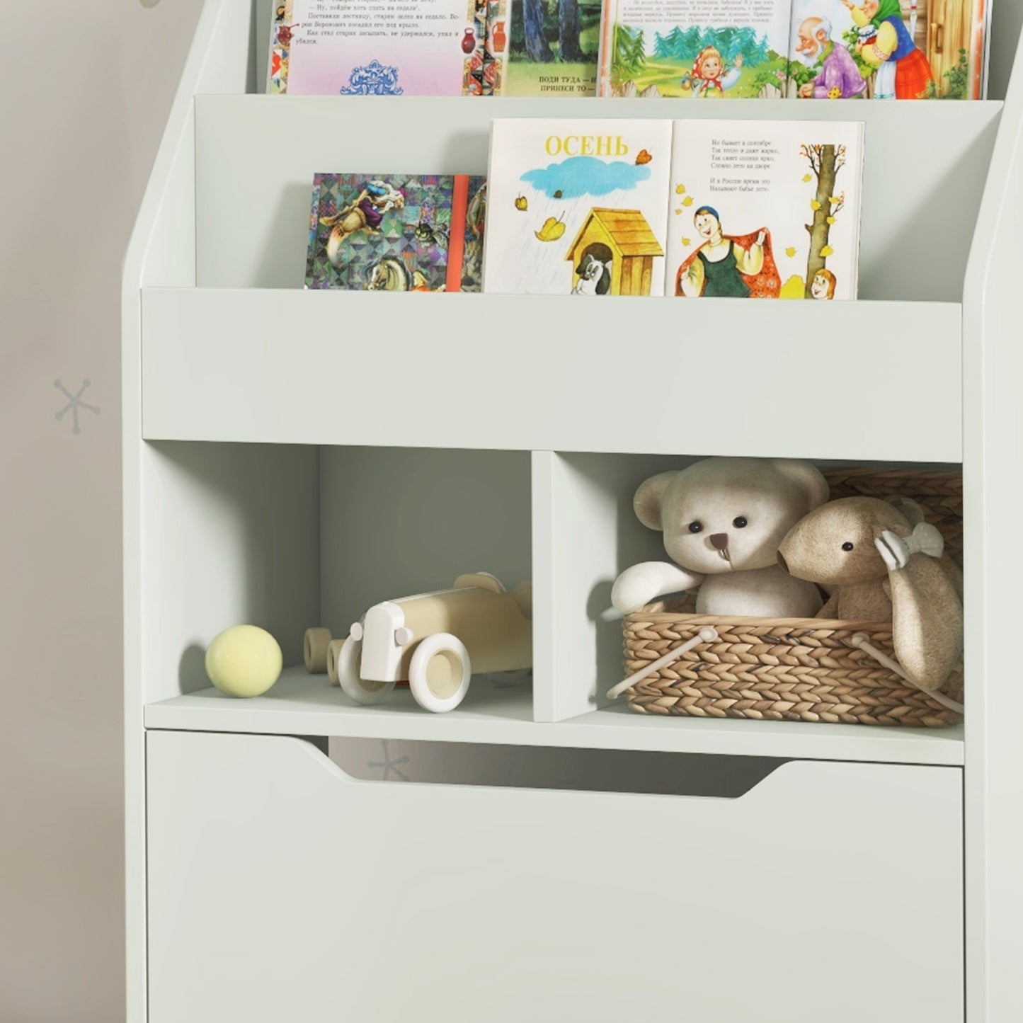 HOMCOM Kids Bookshelf Toy Organizer With Storage Drawer And Wheels Green For Bedroom Playroom