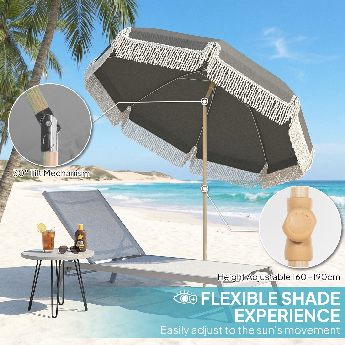 Outsunny 1.7 m Beach Umbrella With Sand Anchor And 30 Degree Tilt Adjustable Height Fringed Parasol Grey