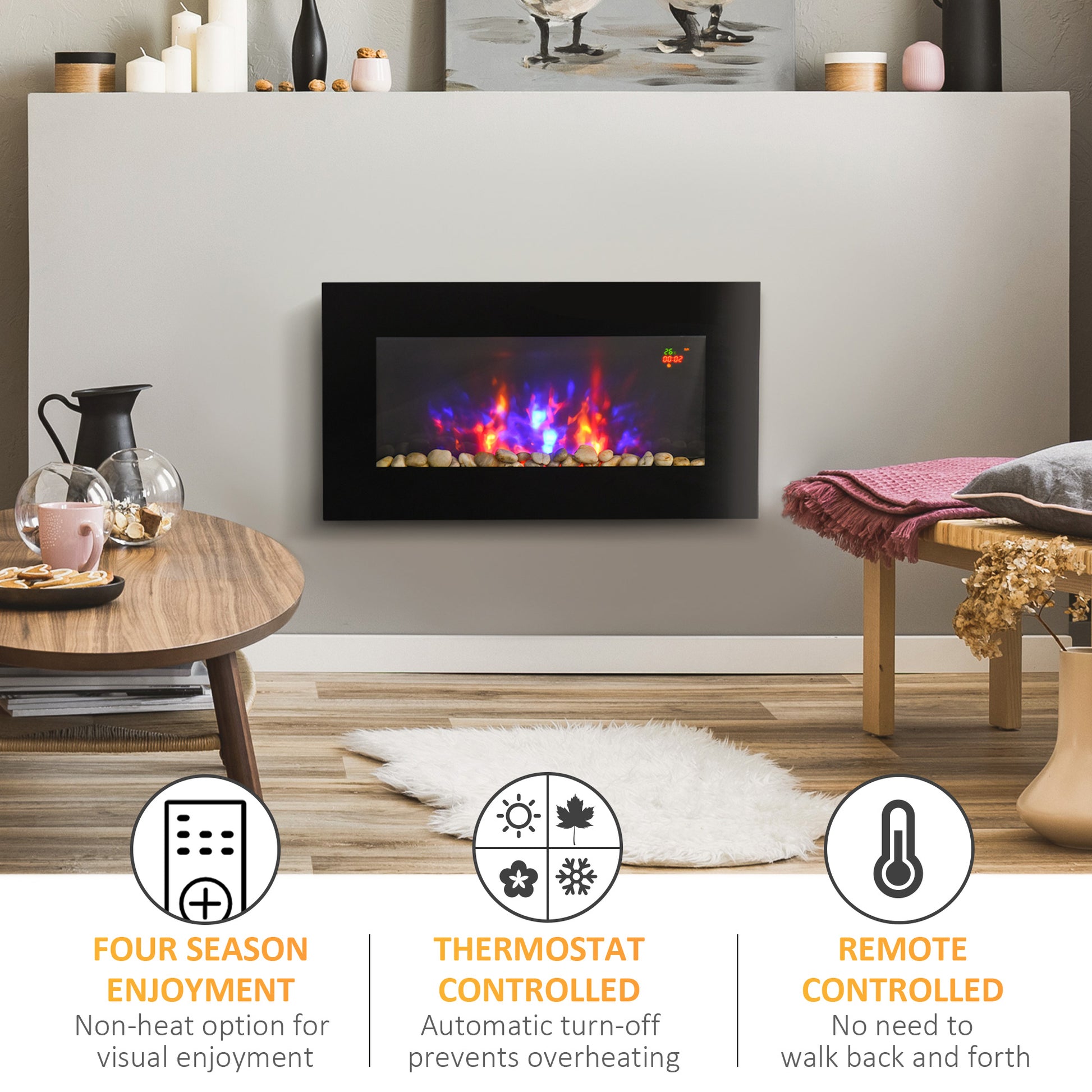 HOMCOM 1000W Wall-Mounted Electric Fireplace Heater with Tempered Glass and Stylish Black Frame - ALL4U RETAILER LTD