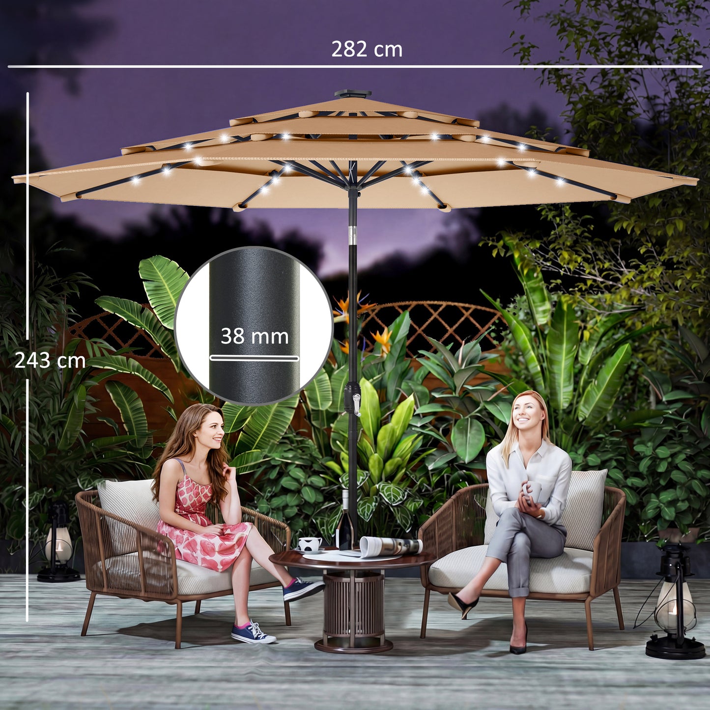 Outsunny 2.8m Garden Parasol Umbrella With LED Solar Light Parasol Cover 3 Tier Outdoor Table Market Patio Khaki