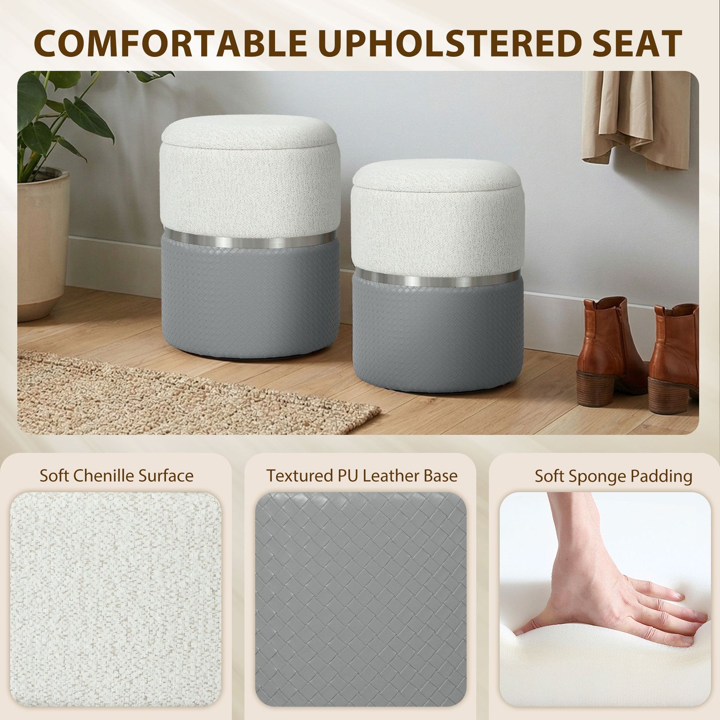HOMCOM Nesting Round Ottomans With Storage Set Of 2 Cream And Grey Two Tone Upholstered Ottomans