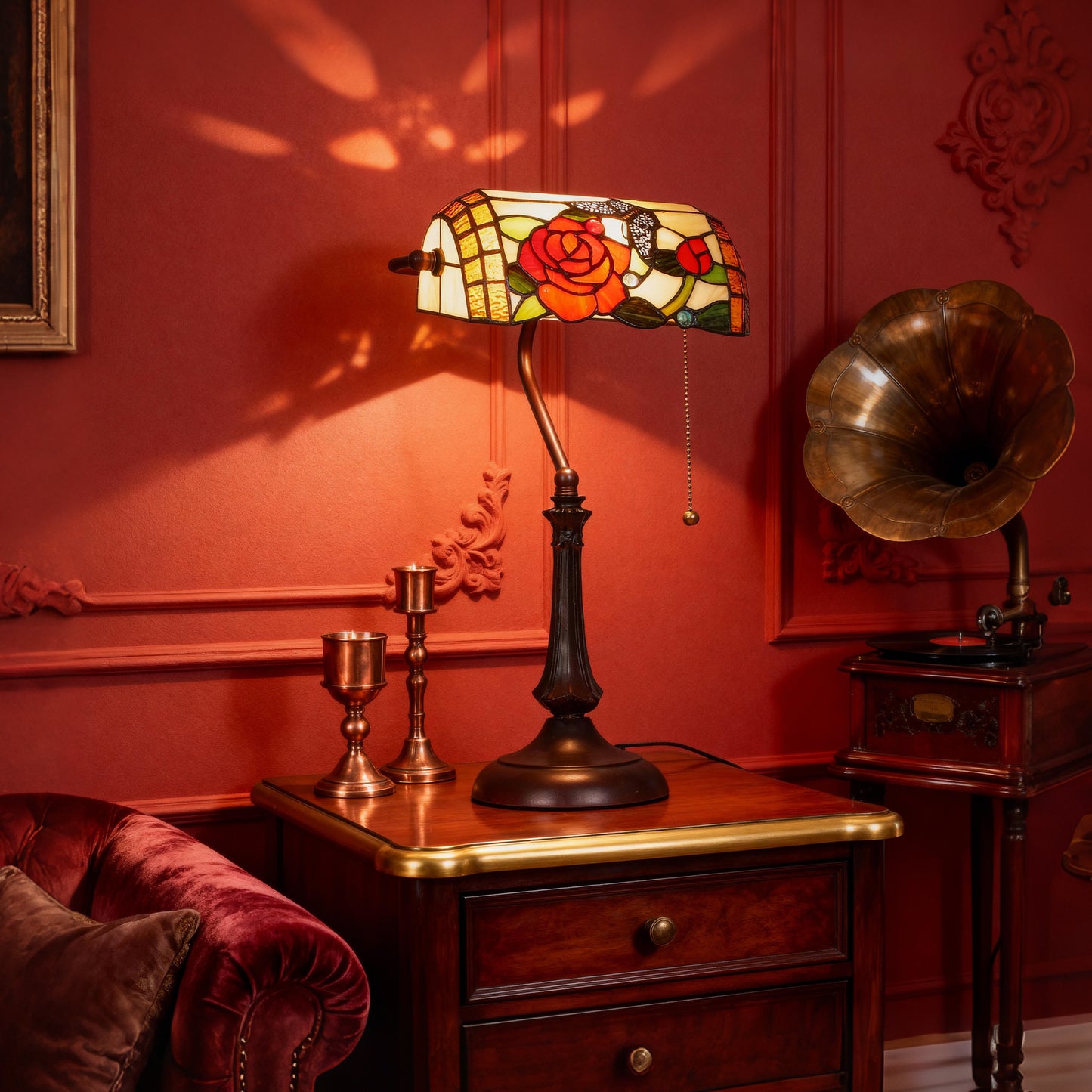 HOMCOM Tiffany Style Rose and Butterfly Table Lamp Multicolored Handmade Glass Shade