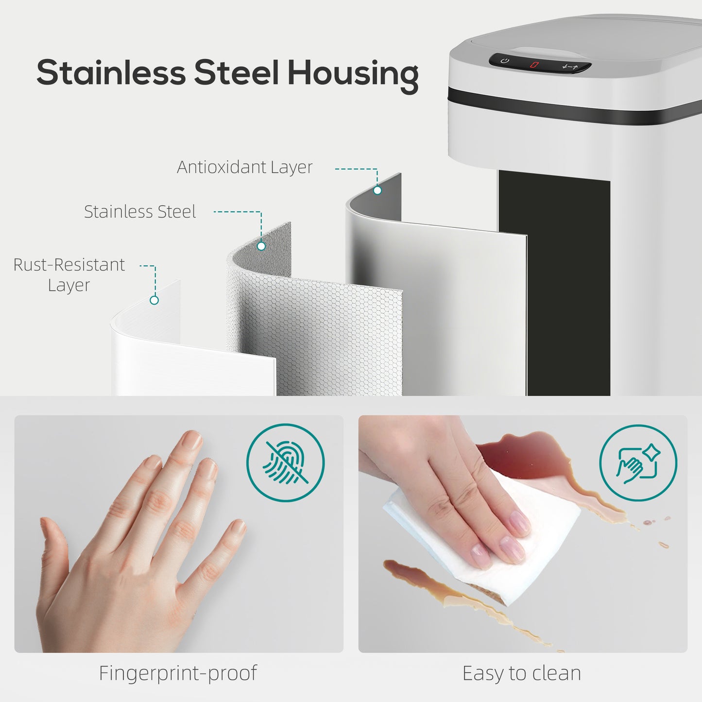 HOMCOM 12L Sensor Bin Automatic Touchless Motion Sensor Kitchen Bin Fingerprint Resistant Stainless Steel White