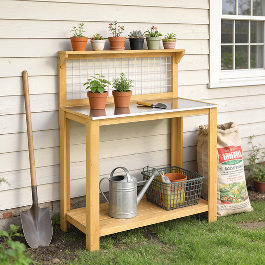 Outsunny Wooden Potting Bench Table With Aluminium Worktop Outdoor Garden Workbench Two Shelves