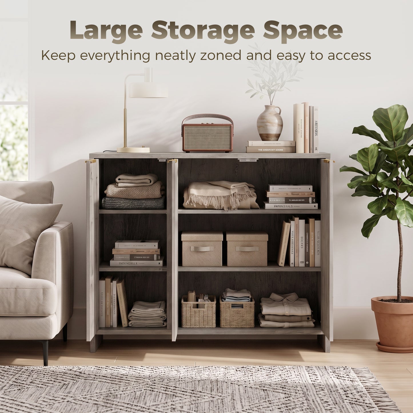 Homcom Sideboard Storage Cabinet With 3 Doors Adjustable Shelves Grey