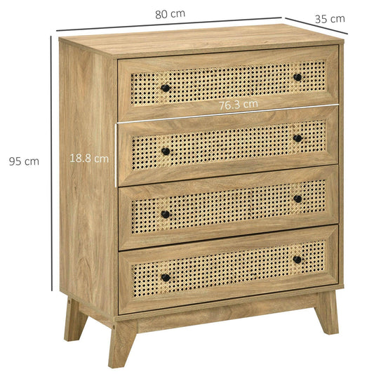 Light wood four-drawer chest with rattan perforated fronts and black knobs, angled legs