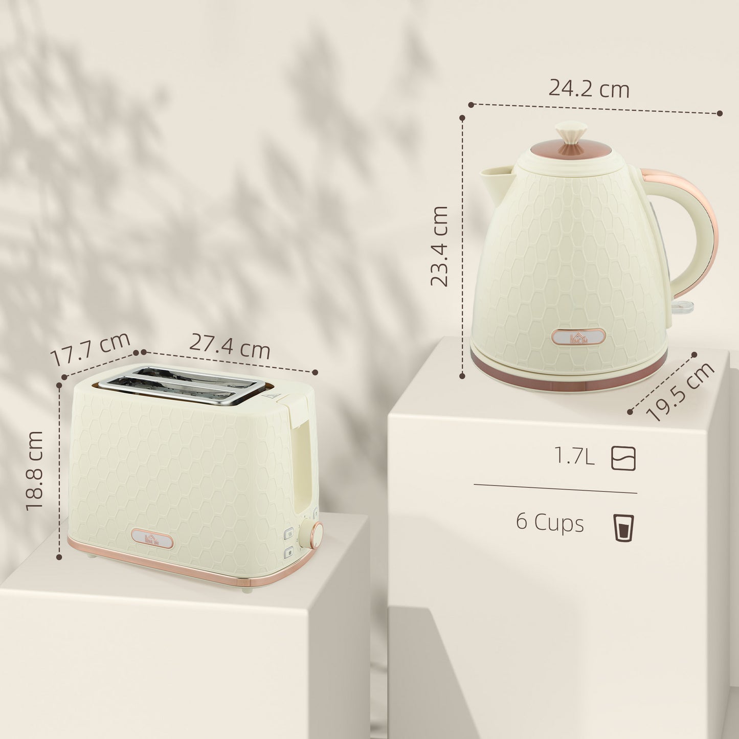HOMCOM 1.7L 3000W Fast Boil Kettle And 2 Slice Toaster Set With Auto Shut Off Browning Controls Beige Honeycomb