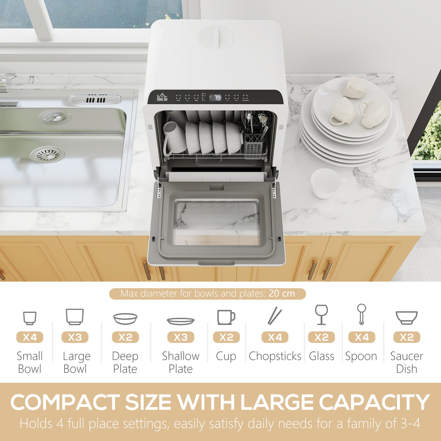 HOMCOM 6L Five Modes Tabletop Dishwasher White Compact Kitchen Appliance Fruit Wash