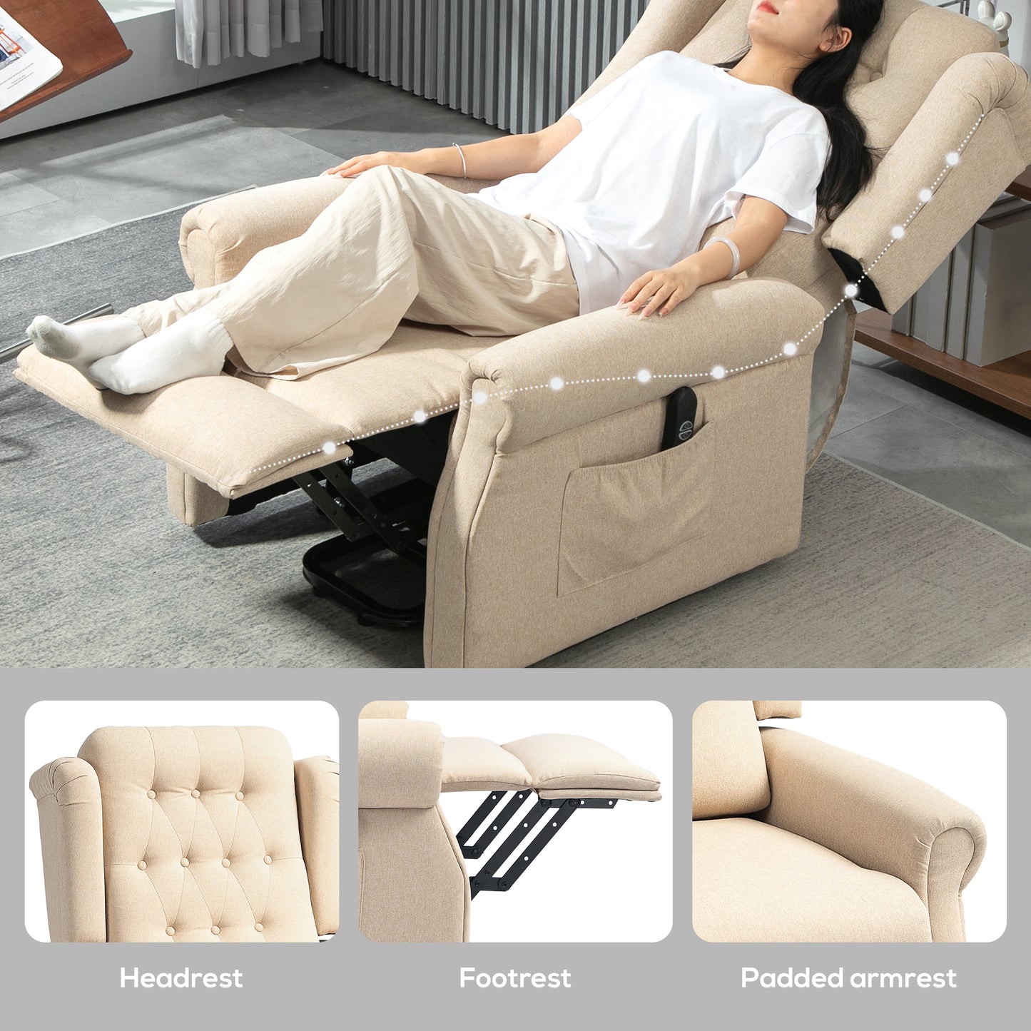 HOMCOM 45 Degree Lifting Riser Recliner Armchair Beige With 150 Degree Recline And Footrest