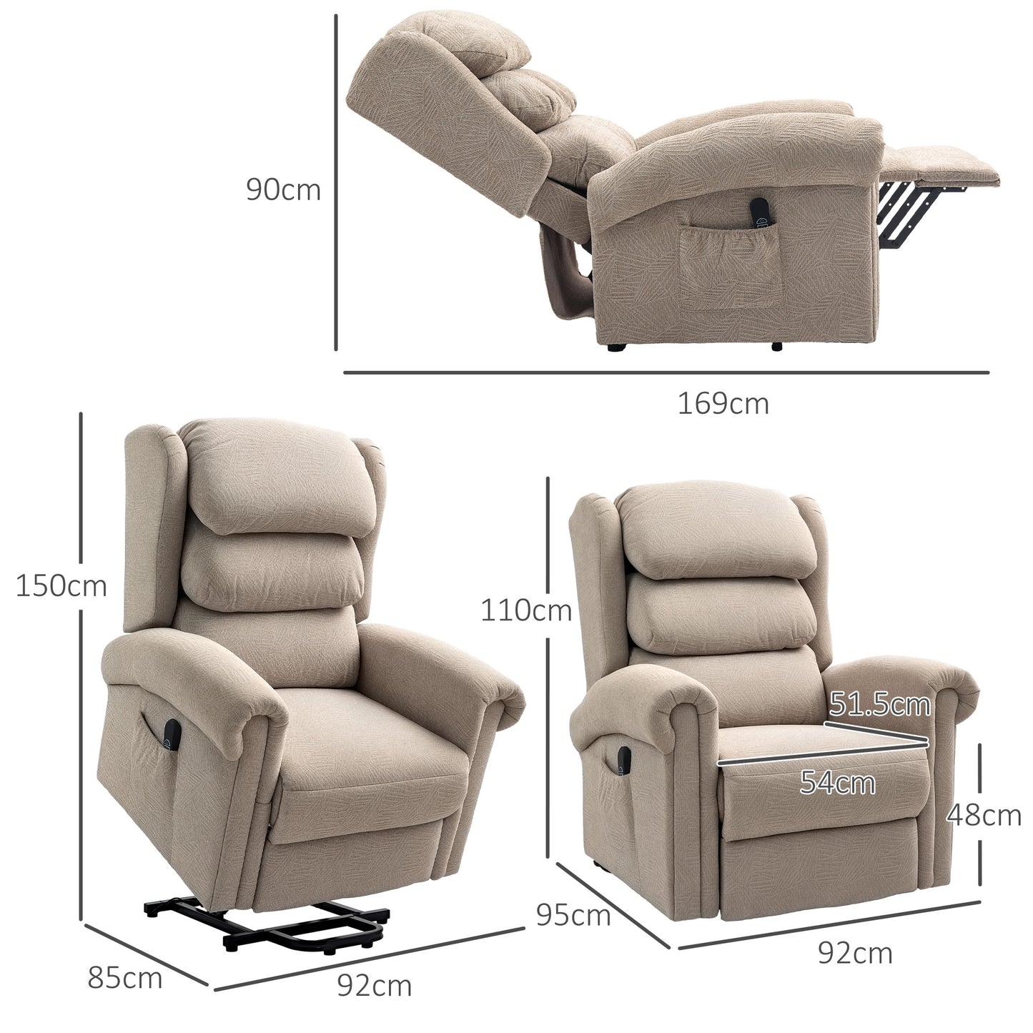 HOMCOM Velvet Feel Electric Riser Recliner Chair Khaki With Power Lift And Easy Access Button
