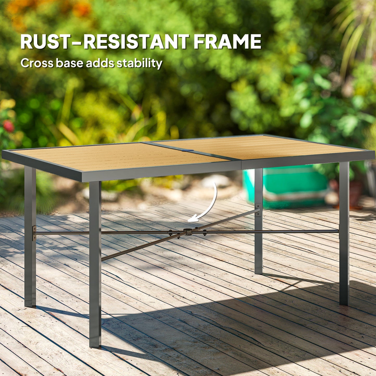 Outsunny 6 Seater Outdoor Dining Table 150 cm With Wood Effect Top Umbrella Hole Rust Resistant Frame Wood Finish