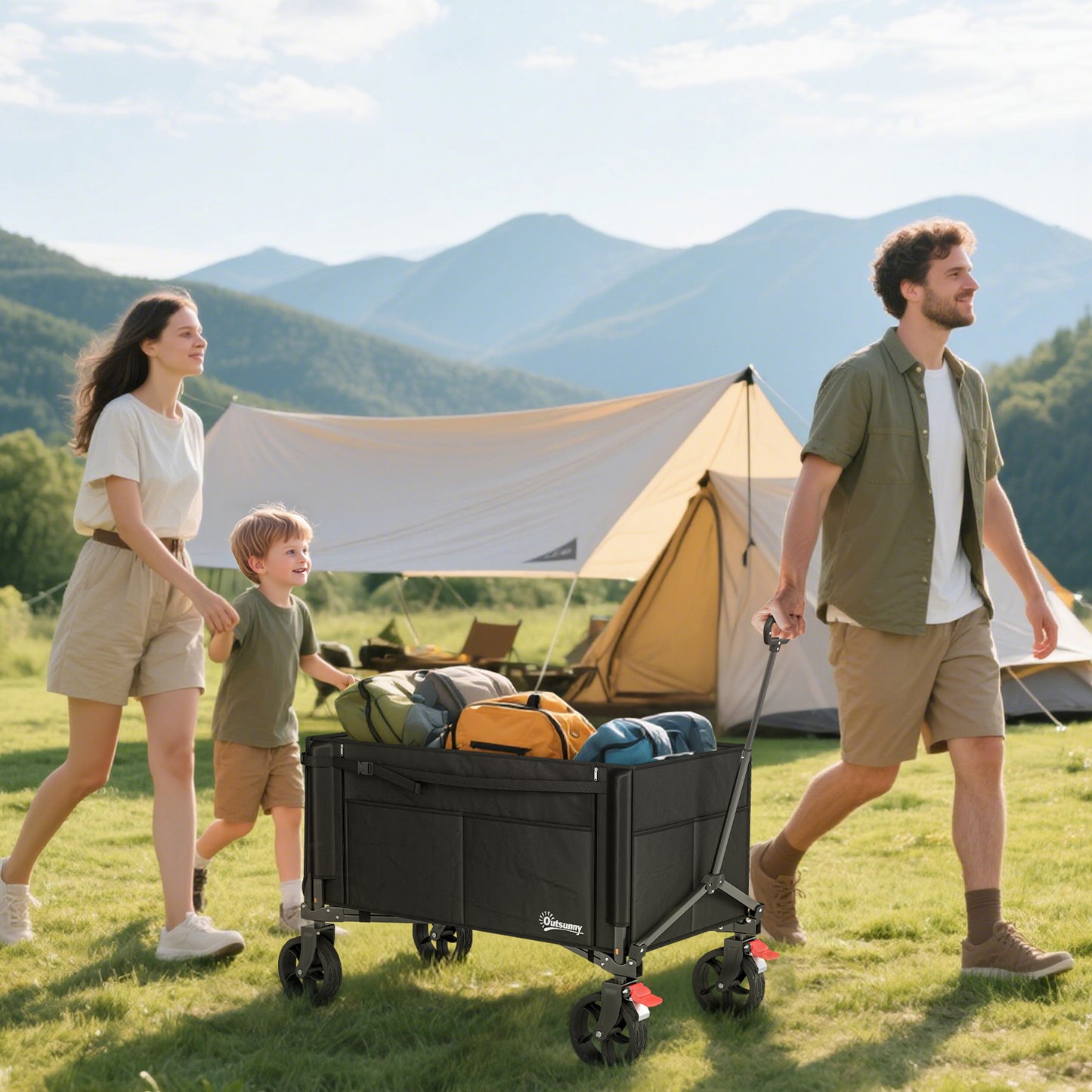 Outsunny Foldable Camping Trolley Cart 150L Open Sides Adjustable Handle Brakes For Shopping Beach Garden Fishing Black