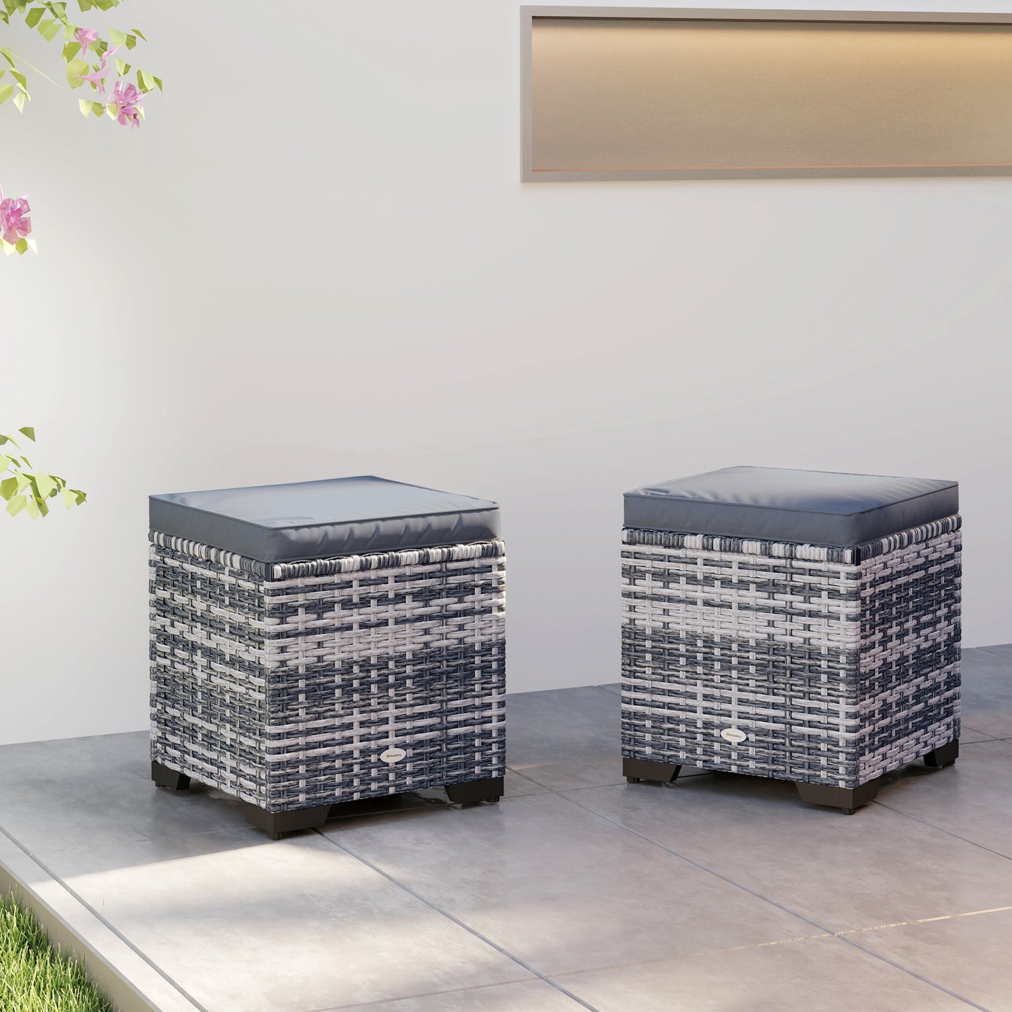 Outsunny Set of 2 Rattan Storage Ottomans Outdoor Footstools Removable Cushions Dark Grey
