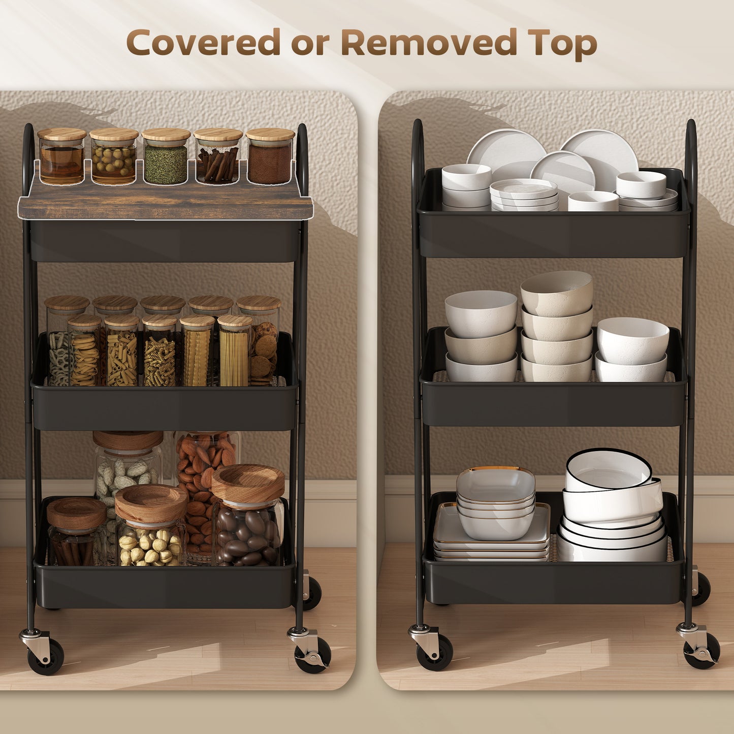 HOMCOM 3 Tier Kitchen Storage Trolley On Wheels With Cover Top Board Rustic Brown And Black