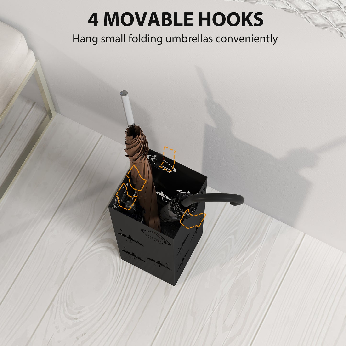 HOMCOM Metal Umbrella Stand Square Holder With Removable Drip Tray And Four Hooks For Hallway And Entryway Black