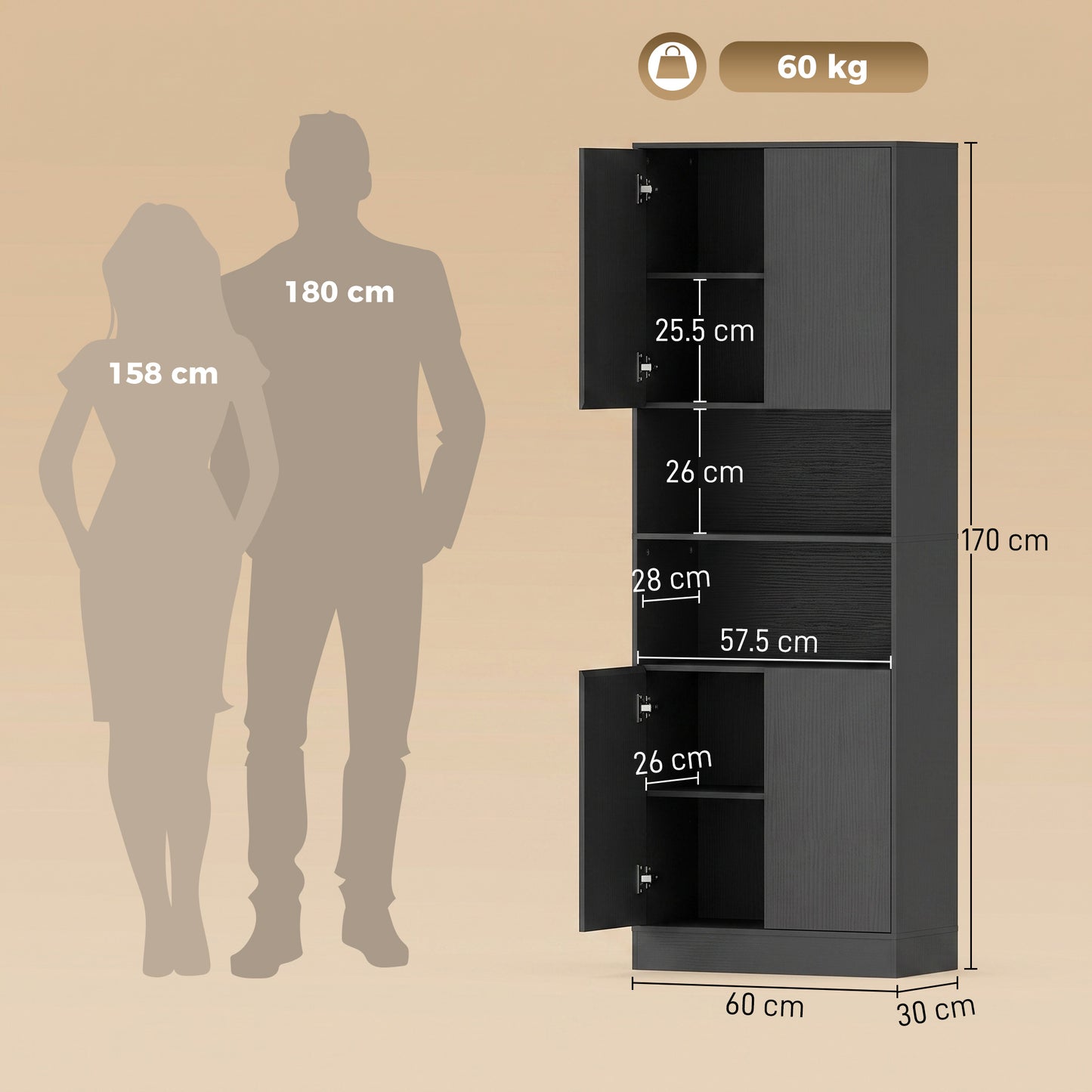 HOMCOM 170 cm Kitchen Pantry Cabinet Freestanding Storage Cabinet With Soft Close Hinges Black Wood Effect