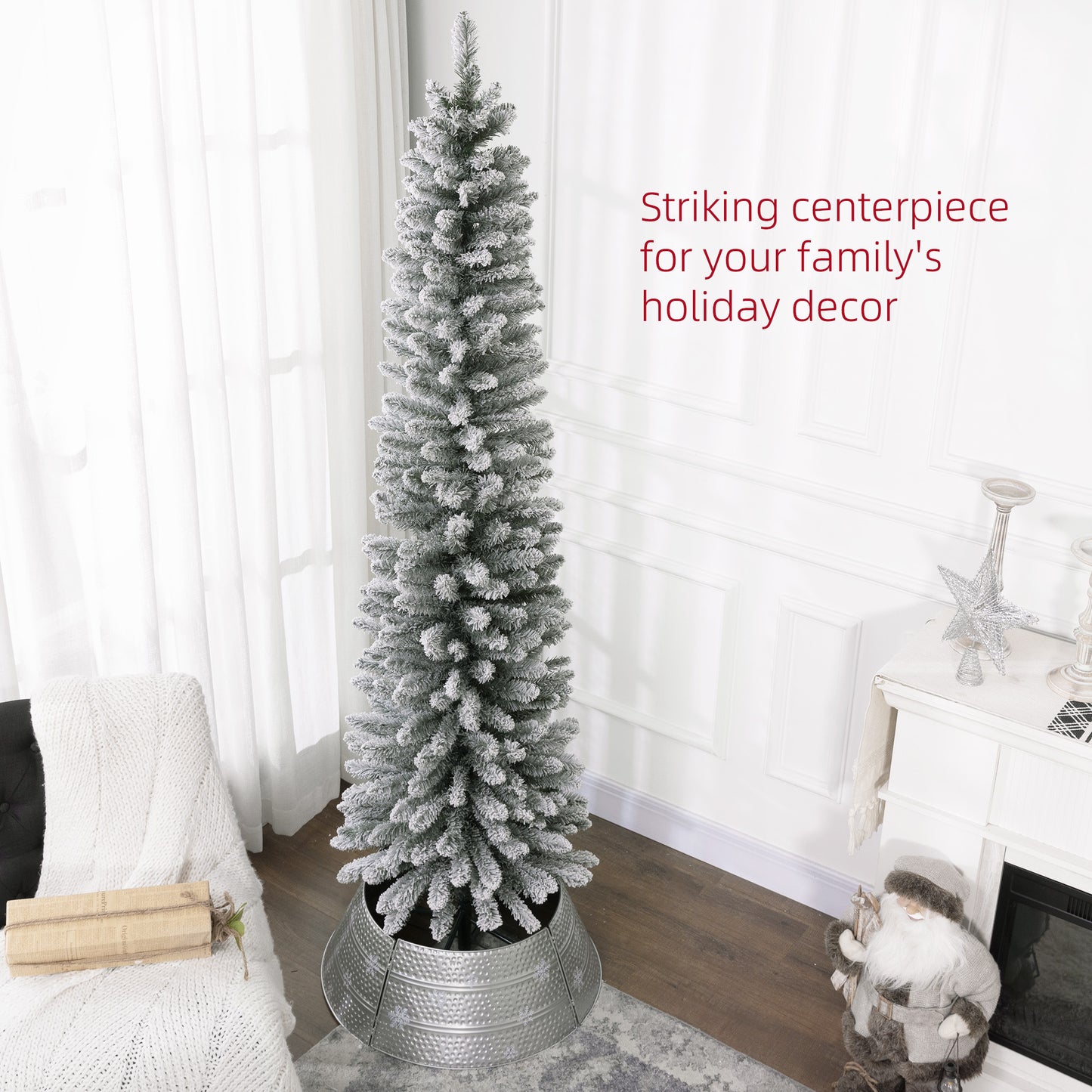 HOMCOM Slim 7ft Snow Flocked Artificial Christmas Tree with 405 Tips and Metal Base - ALL4U RETAILER LTD