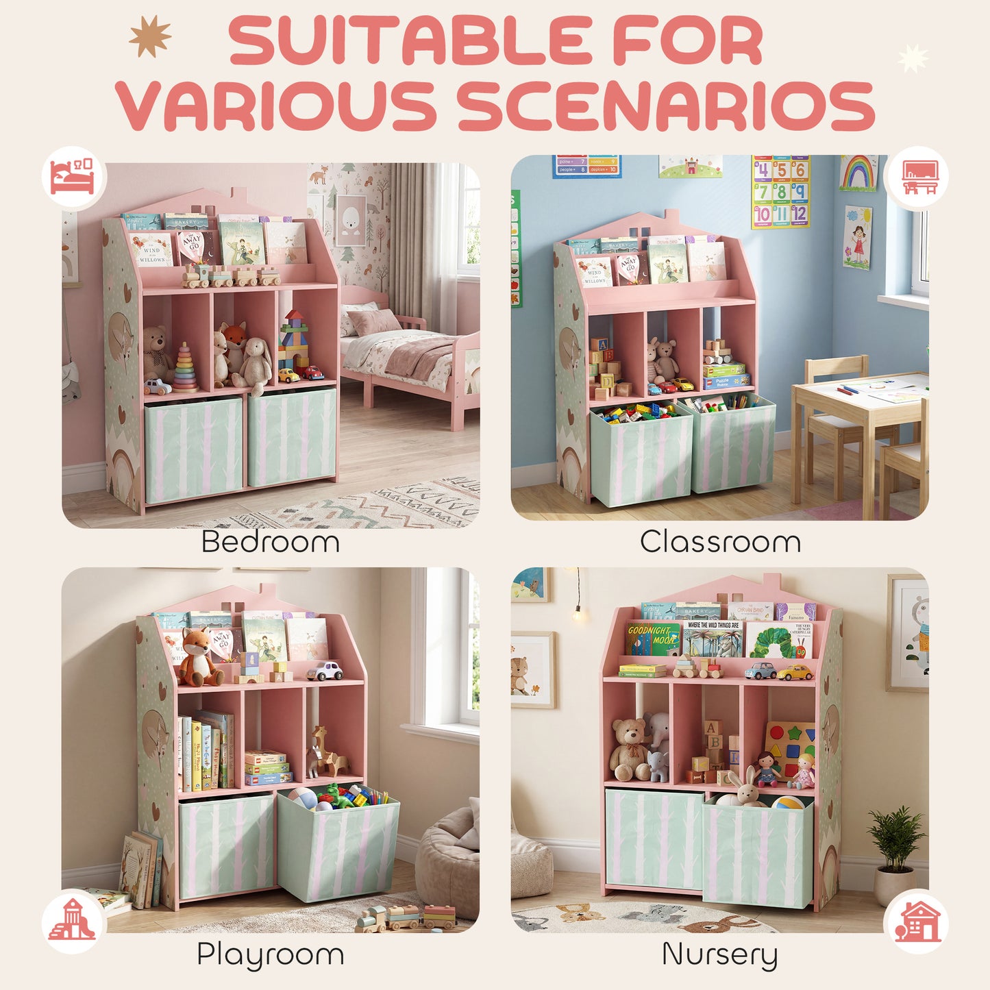 AIYAPLAY Kids Bookshelf With Storage Toy Display Shelves And Fabric Drawers Pink Playroom Nursery