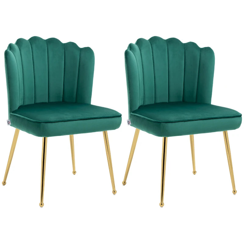 HOMCOM Set of 2 Shell Dining Chairs: Upholstered Kitchen Chairs with Gold Metal Legs and Backrest, Velvet Fabric Lounge Leisure Chairs for Living Room, Reception Room - Green - ALL4U RETAILER LTD