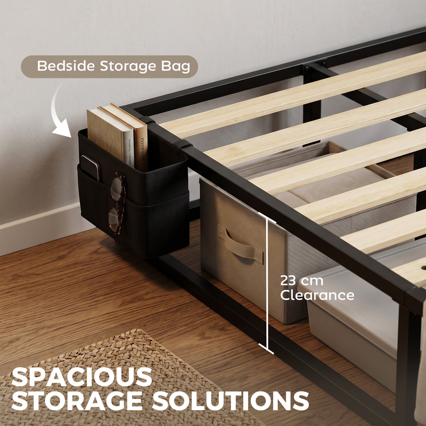 HOMCOM Black Metal Platform Bed Frame With 12 Slats And Storage Bag