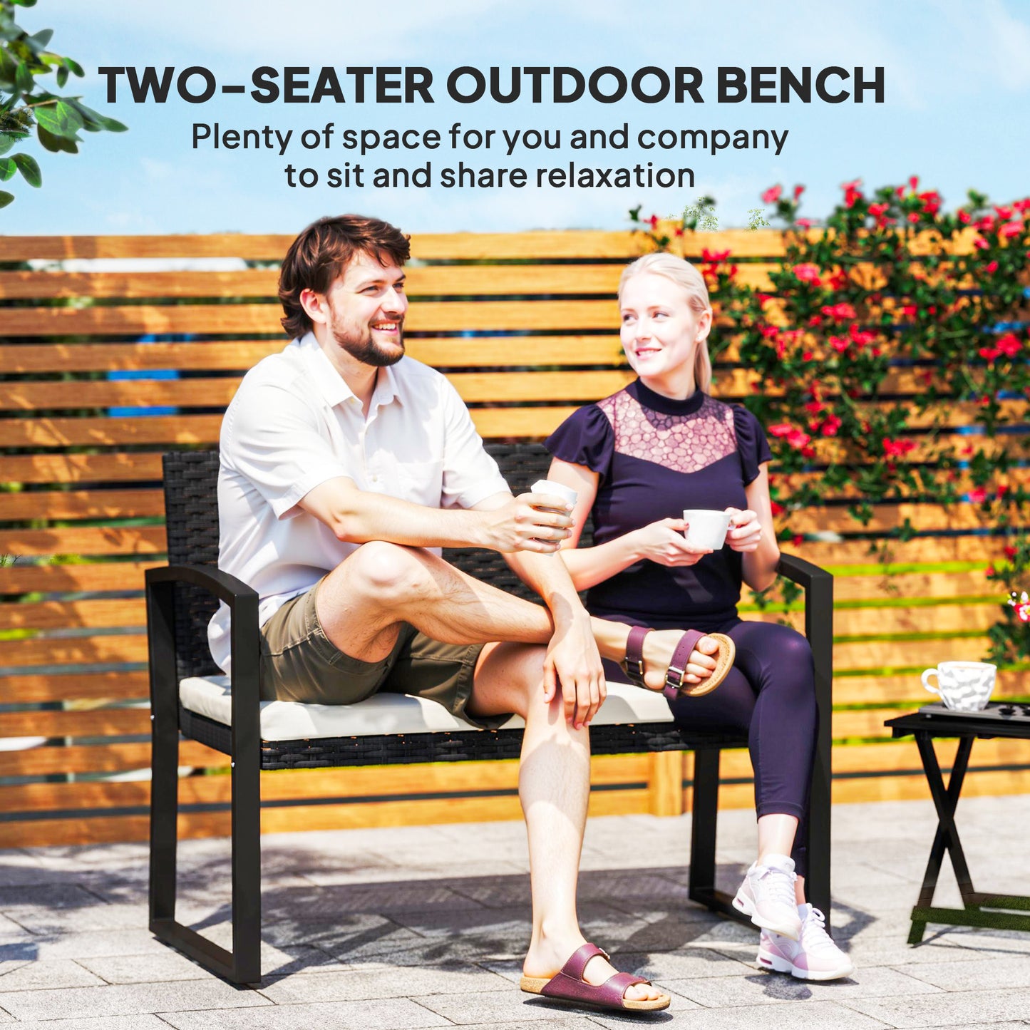 Outsunny Two Seater Rattan Garden Bench Beige Cushioned Seat With Powder Coated Steel Frame