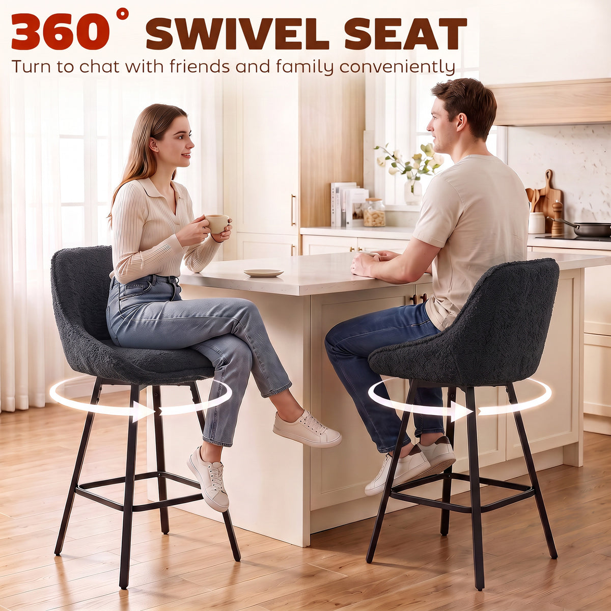 Set of 2 black swivel counter-height bar stools with curved backrests and round footrests