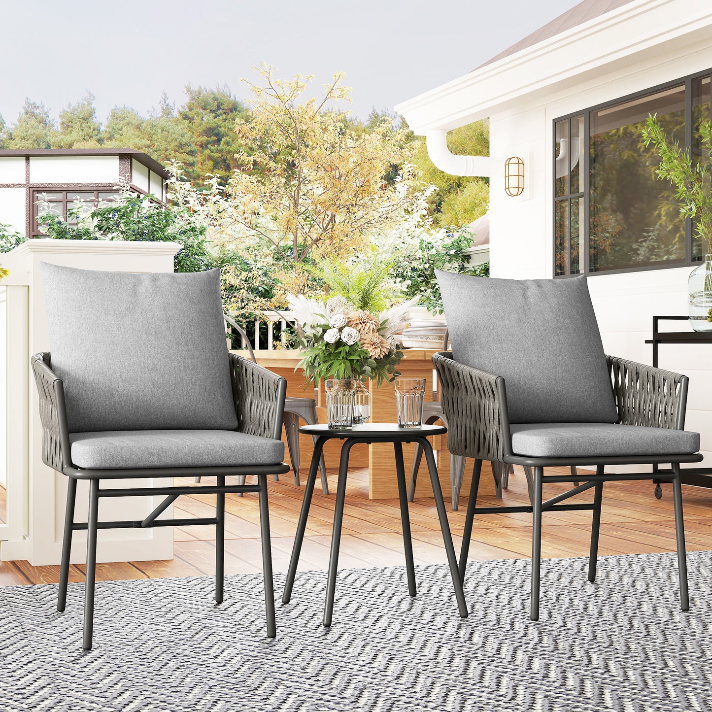 Outsunny 3 Piece Rattan Bistro Set With Table And Chairs And 4 Cushions For Balcony Porch Terrace Garden Grey