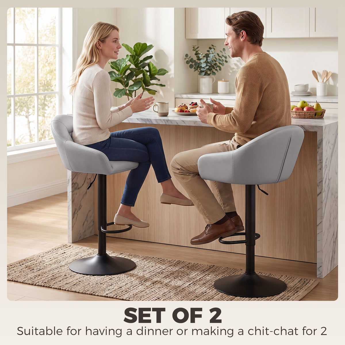 Grey bar stool with padded seat, backrest, and armrests on a swivel pedestal base