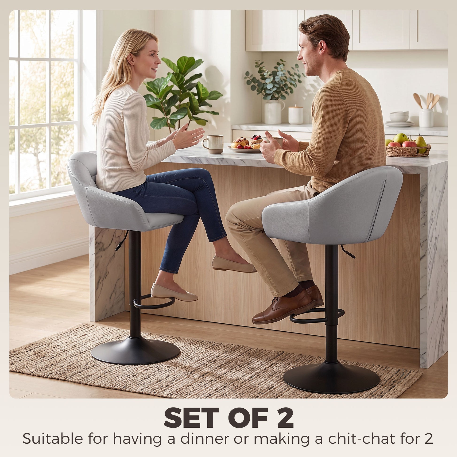 Grey bar stool with padded seat, backrest, and armrests on a swivel pedestal base
