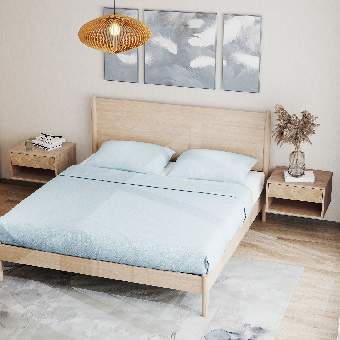 HOMCOM Floating Bedside Tables Set of Two in Natural Wood Finish with Drawer and Open Shelf