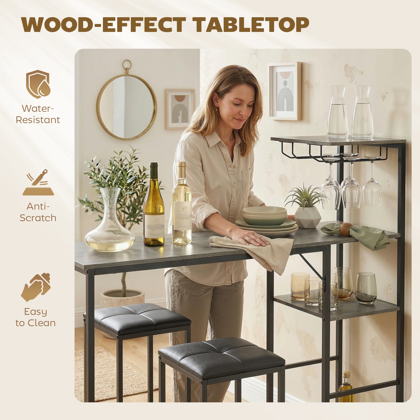 HOMCOM 3 Piece Breakfast Bar Table And Stools Set Washed Grey With 4 Tier Shelving And Wine Glass Racks