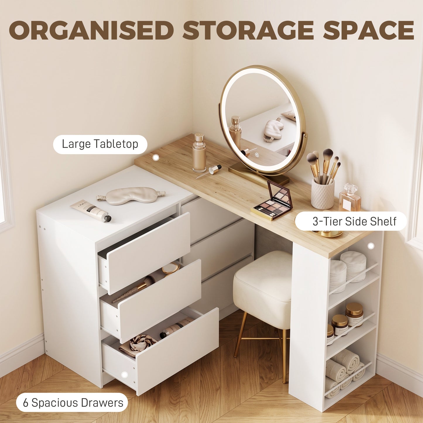 HOMCOM Vanity Table with 6 Drawers and 3 Tier Shelf White Convertible Dressing Table for Corner or Open Wall