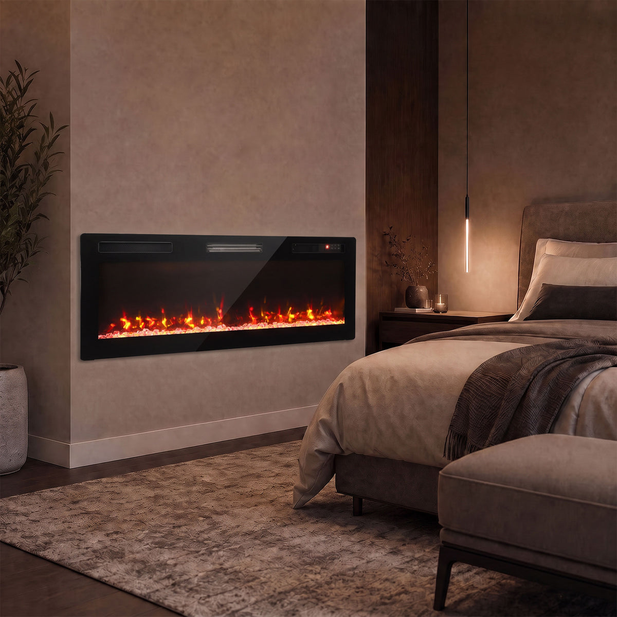 Wall-mounted electric fireplace glowing behind a black frame in a living room setting