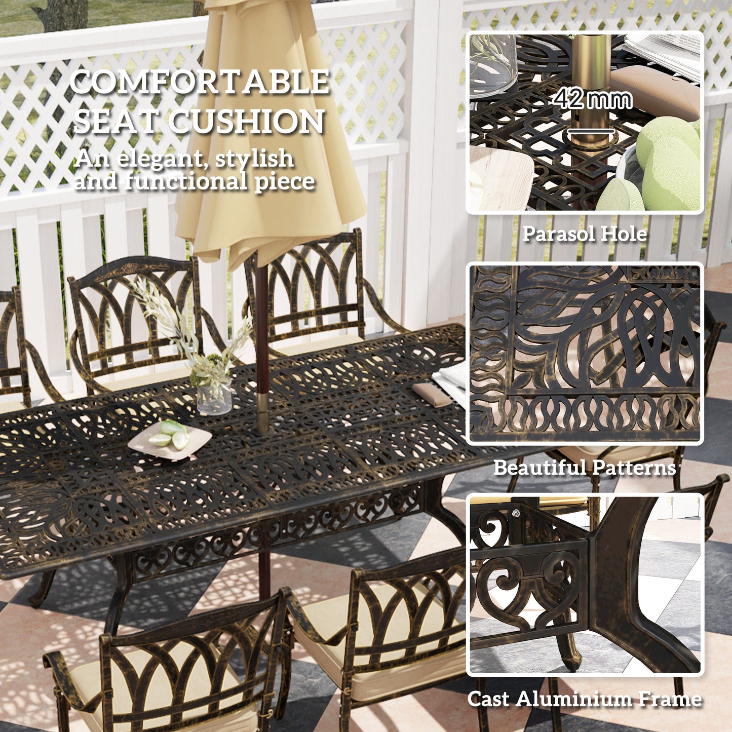 Outsunny Nine-Piece Cast Aluminium Garden Dining Set Bronze Tone With Floral And Grid Cut-Out Patterns