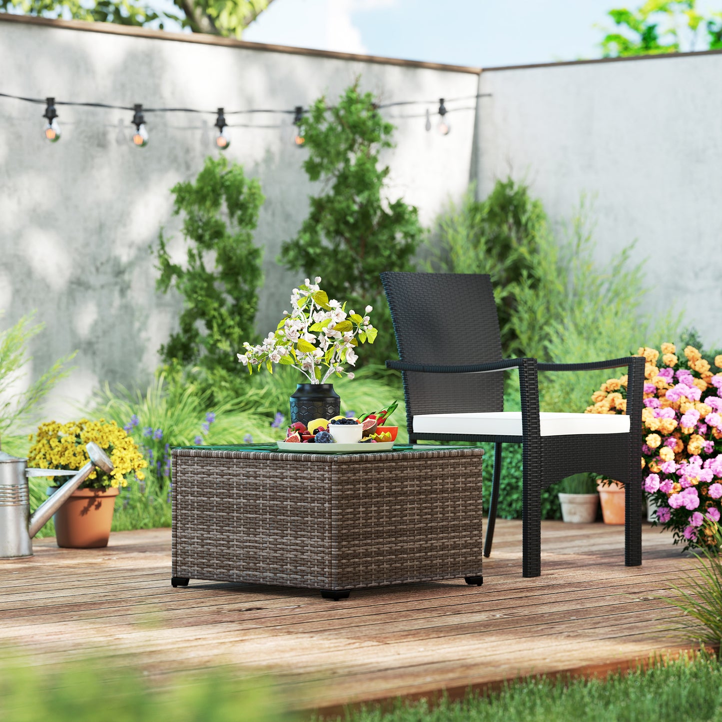 Outsunny 62 X 62 Cm Glass Top Rattan Side Table Dark Grey For Garden Patio And Outdoor Living