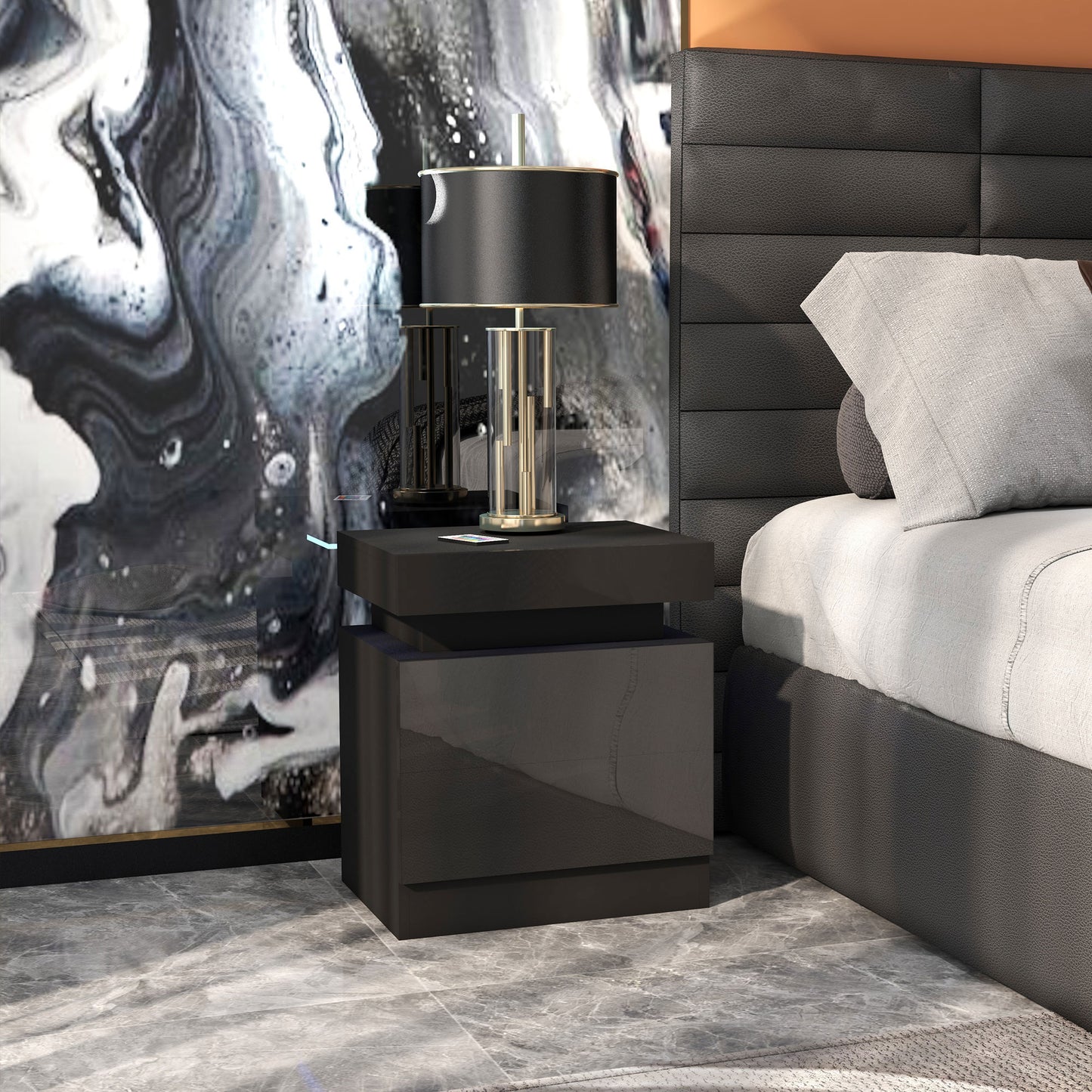 HOMCOM High Gloss Front Bedside Tables Set Of 2 With RGB LED Light And 2 Drawers For Bedroom Living Room Black