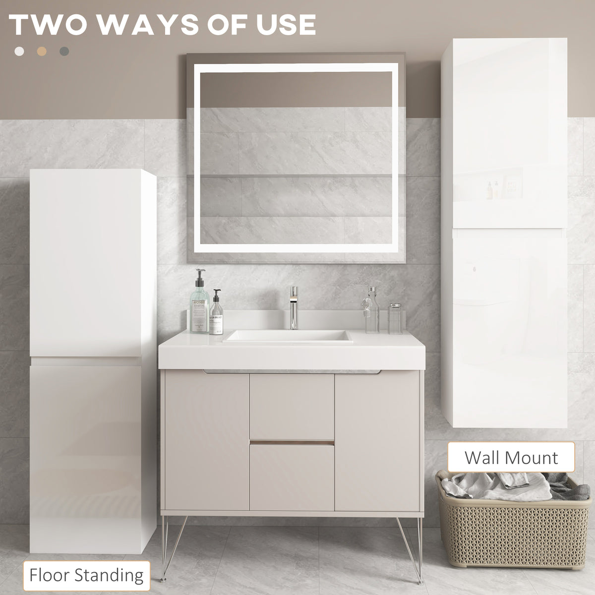Tall white bathroom cabinet with 2 doors and adjustable shelves, wall-mount option