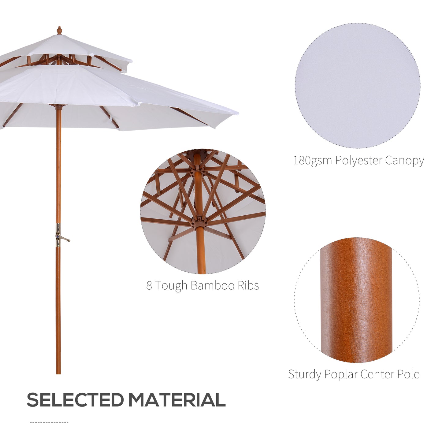 Outsunny 2.7m Elegant Wooden Frame Parasol Umbrella With Poplar Wood Canopy And Eight Bamboo Ribs