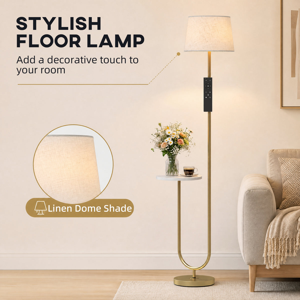 Tall dimmable floor lamp with linen dome shade, brass stand, and side shelf