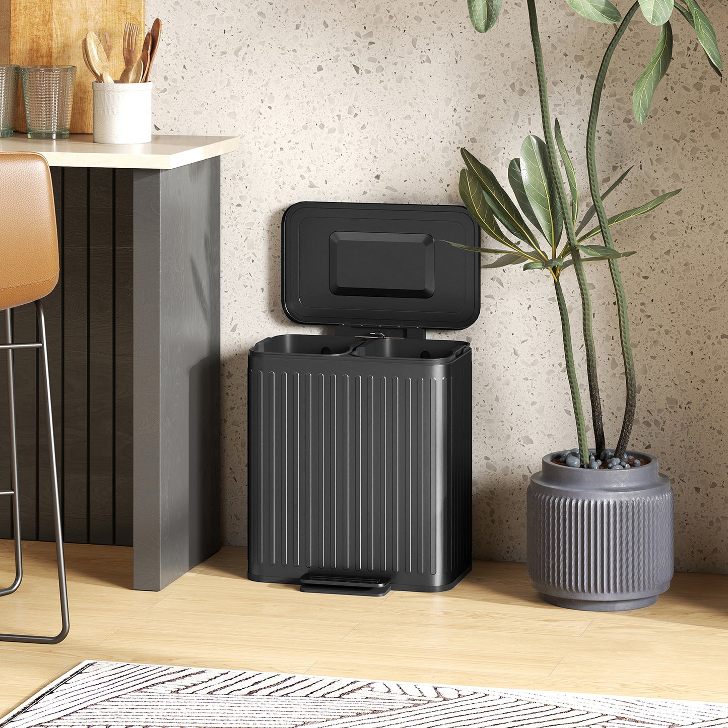 HOMCOM 40L Dual Compartment Pedal Bin With Soft Close Lid And Stay Open Option Metal Kitchen Waste Bin Black