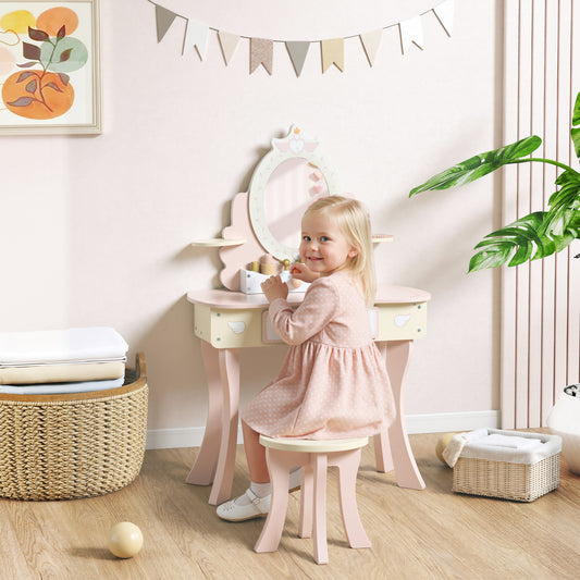 AIYAPLAY Kids Dressing Table Vanity Set With Mirror And Stool Pink Girls Desk With 7 Accessories And Storage