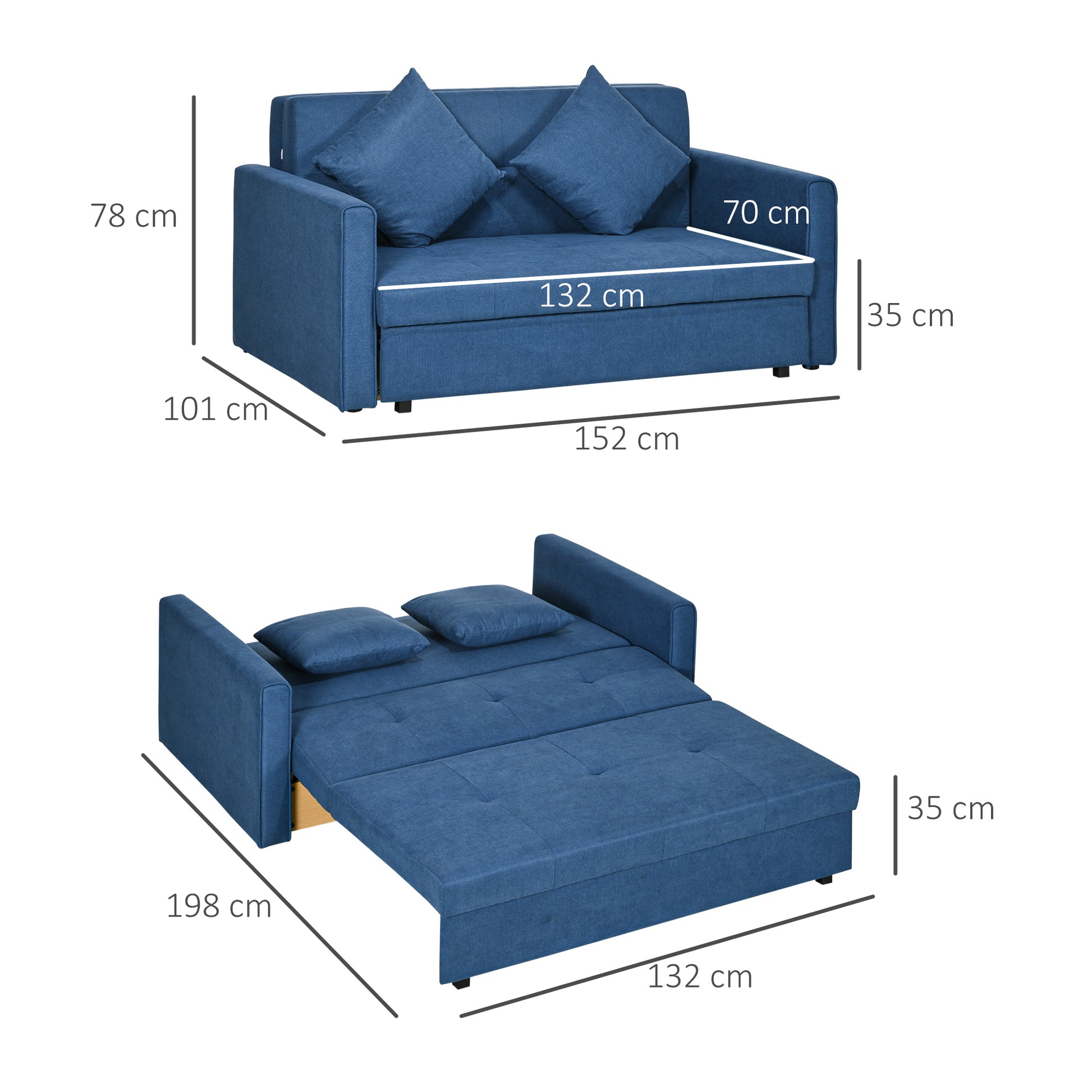 HOMCOM 2 Seater Sofa Bed Convertible Bed Settee Modern Fabric Loveseat Couch with Cushions Hidden Storage Guest Room Dark Blue - ALL4U RETAILER LTD