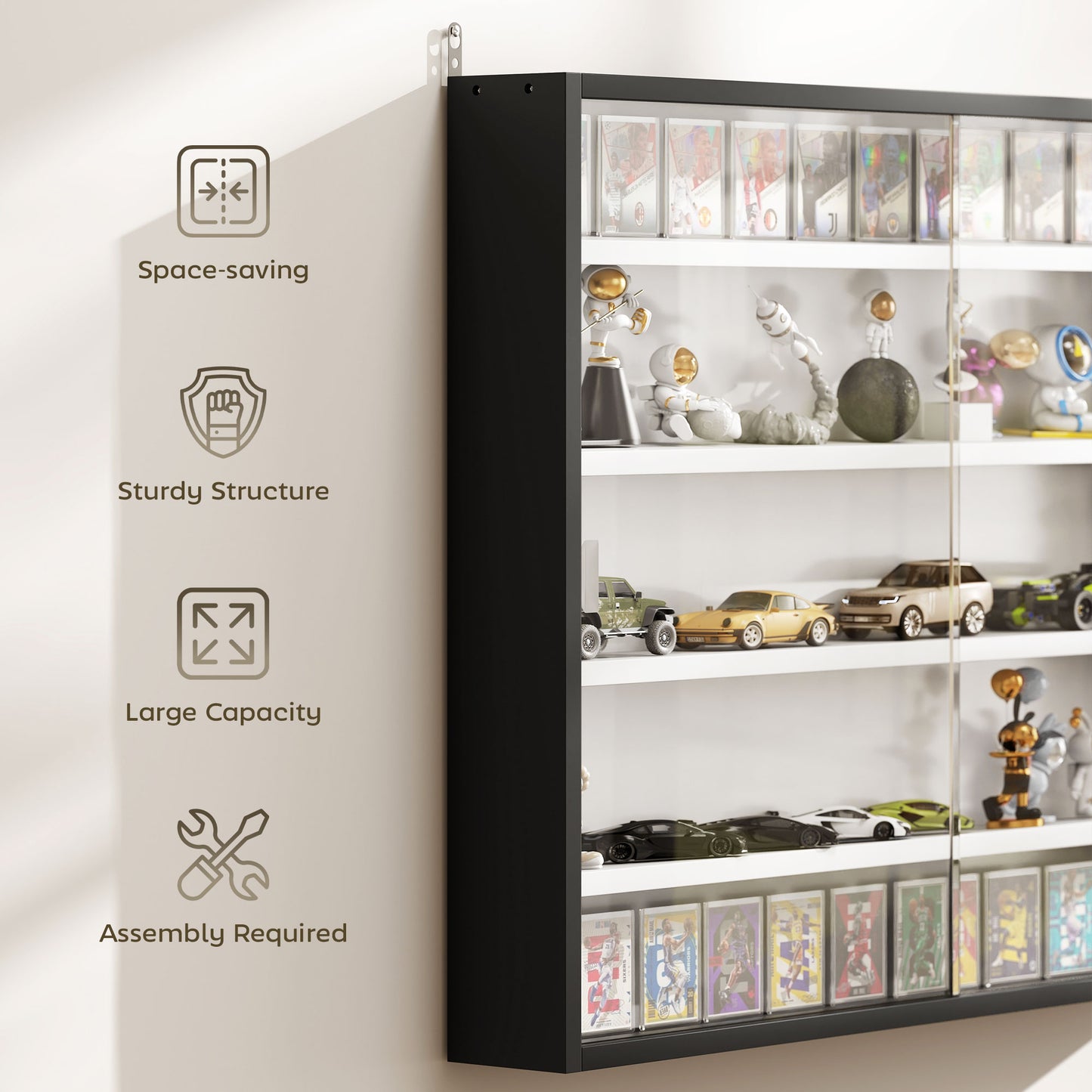HOMCOM Five Tier Wall Display Cabinet With Glass Doors 60x80 cm Black And White Four Adjustable Shelves