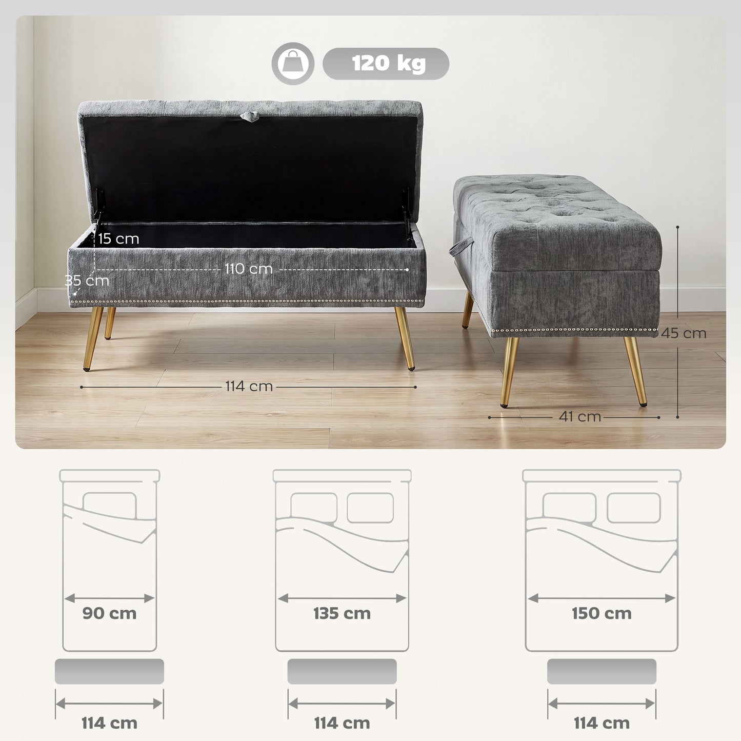 HOMCOM Chenille Upholstered Storage Ottoman With Hidden Storage Padded Seat Metal Legs Grey