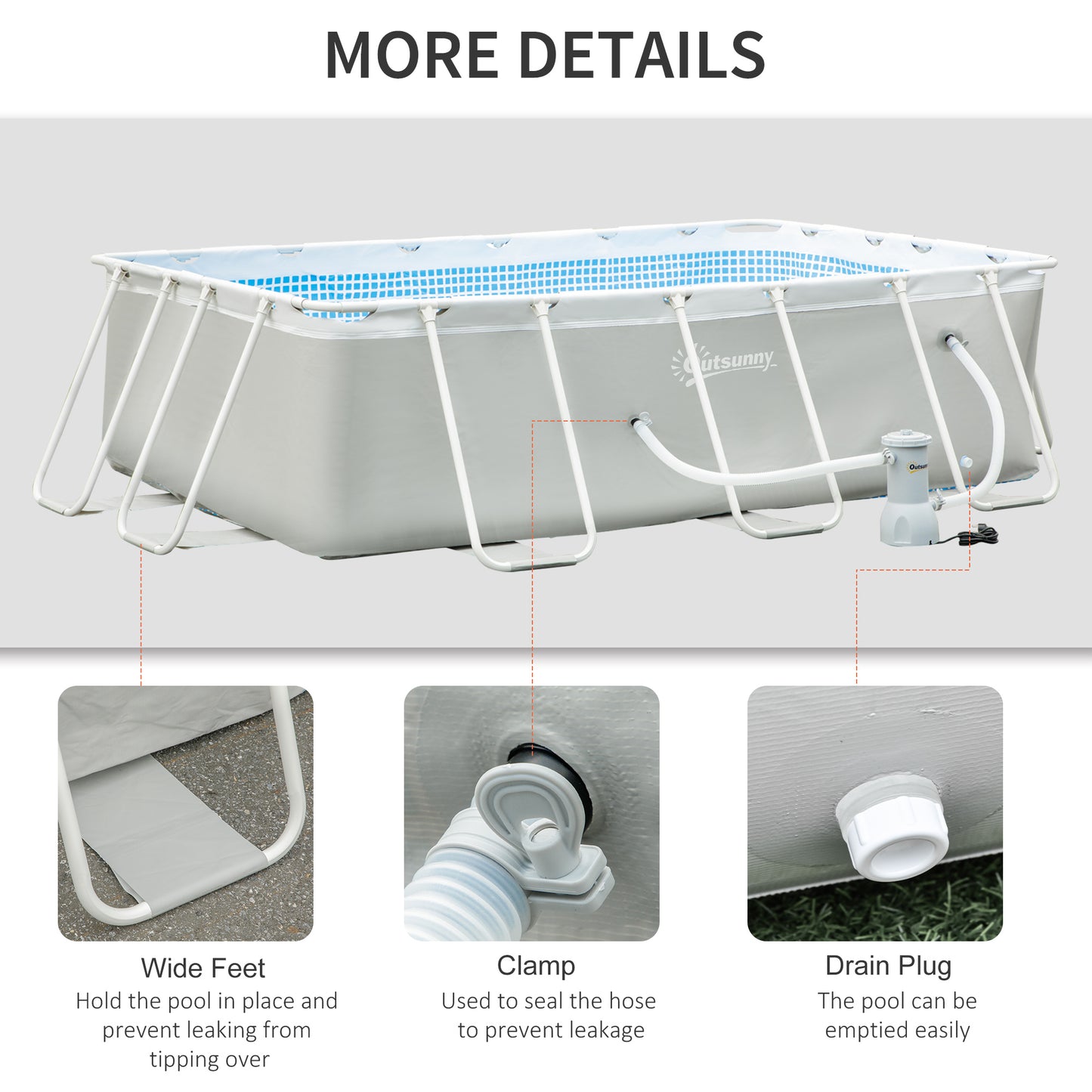 Outsunny Light Grey Rectangular Above Ground Swimming Pool with Filter Pump, 340 x 215 x 80 cm - ALL4U RETAILER LTD