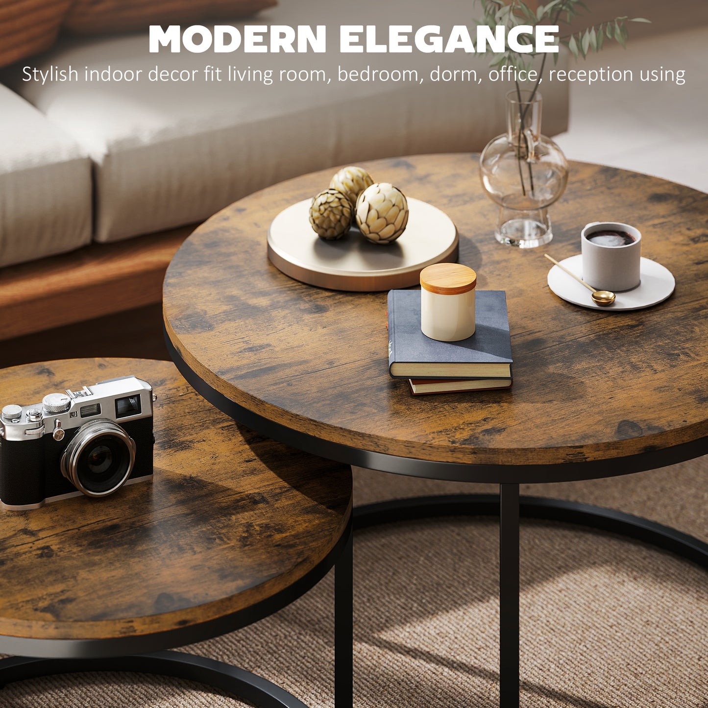 HOMCOM Set of Two Wood Effect Stacking Tables Rustic Brown Small and Large Overlapping Side Tables for Space Saving