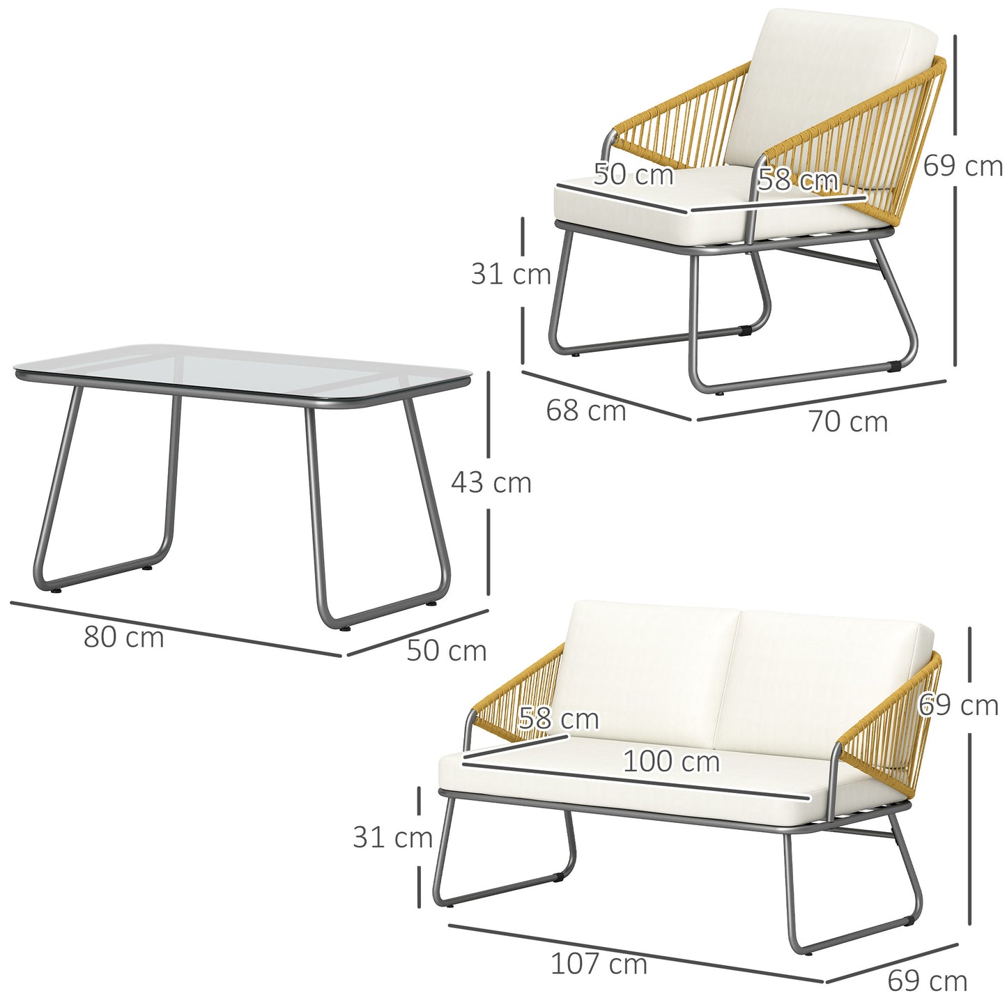 Outsunny Four Piece Rattan Outdoor Sofa Set With Coffee Table Natural Finish For Patio Powder Coated Steel Frame